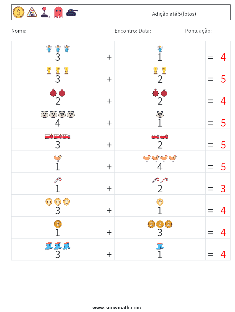 Adição até 5(fotos) planilhas matemáticas 3 Pergunta, Resposta