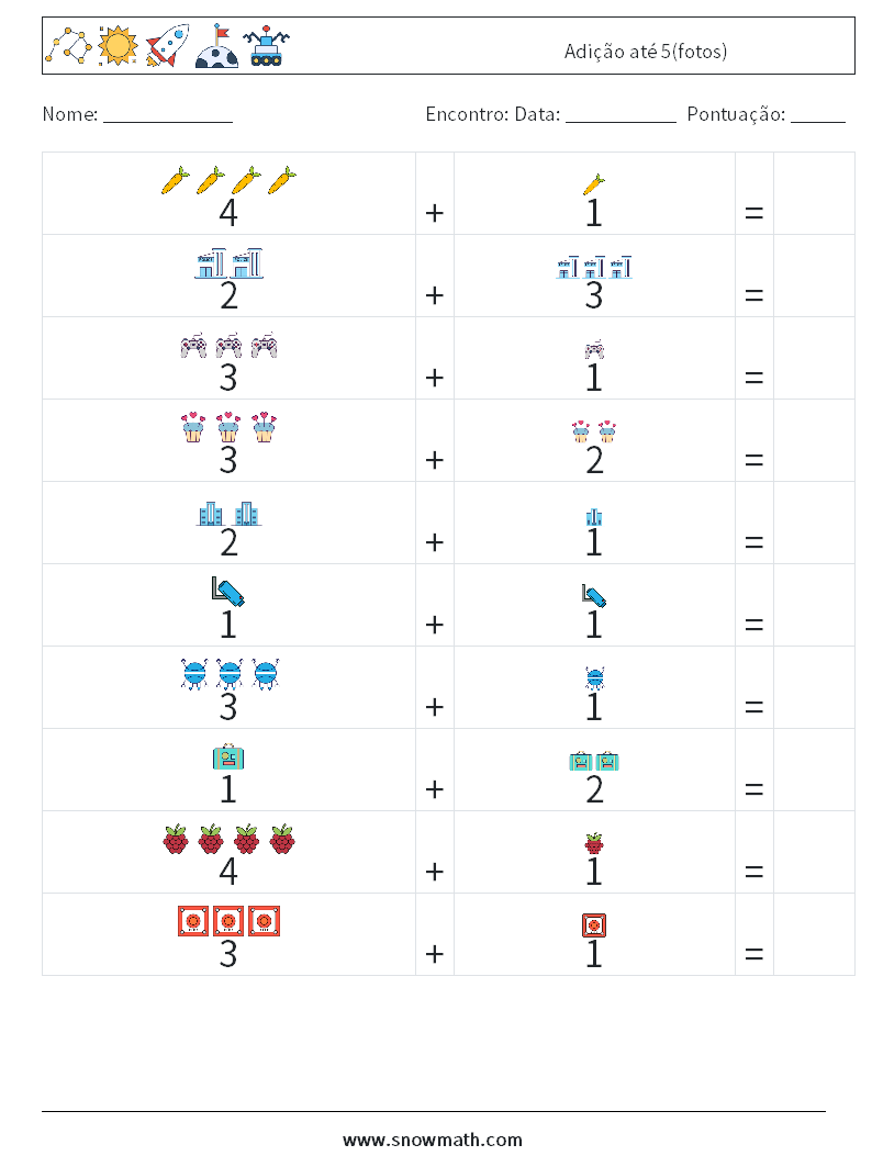 Adição até 5(fotos) planilhas matemáticas 4