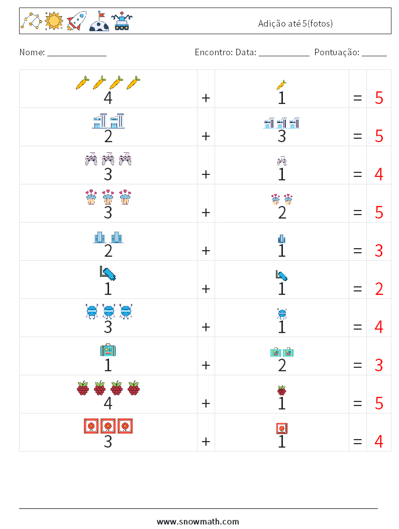 Adição até 5(fotos) planilhas matemáticas 4 Pergunta, Resposta