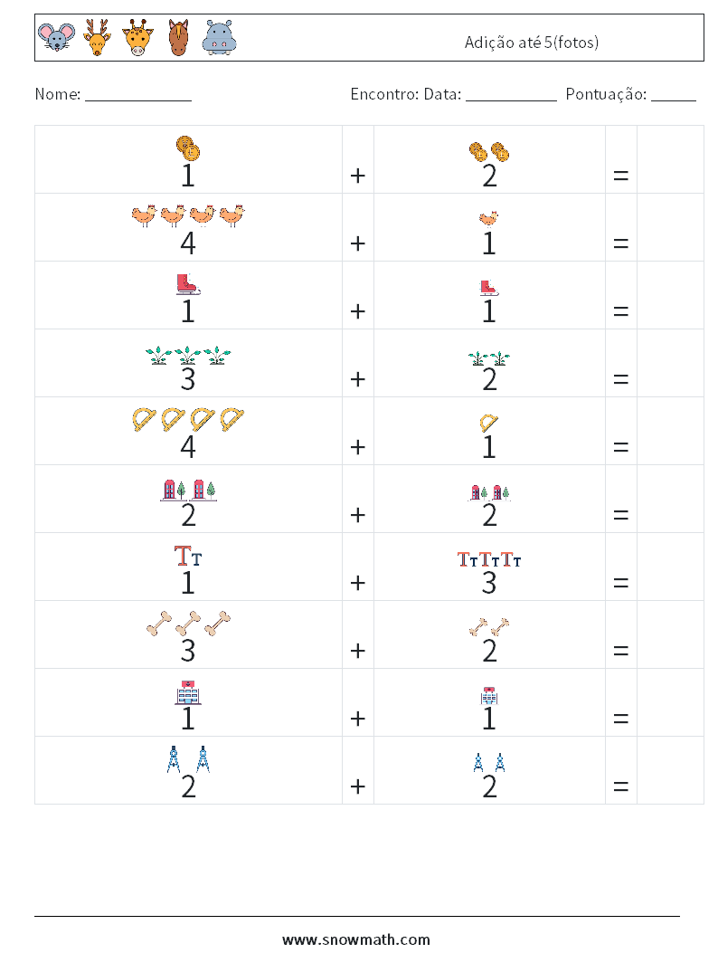 Adição até 5(fotos) planilhas matemáticas 5
