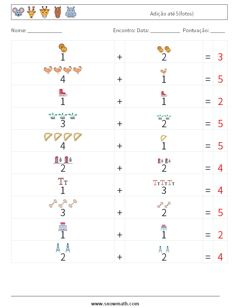 Adição até 5(fotos) planilhas matemáticas 5 Pergunta, Resposta