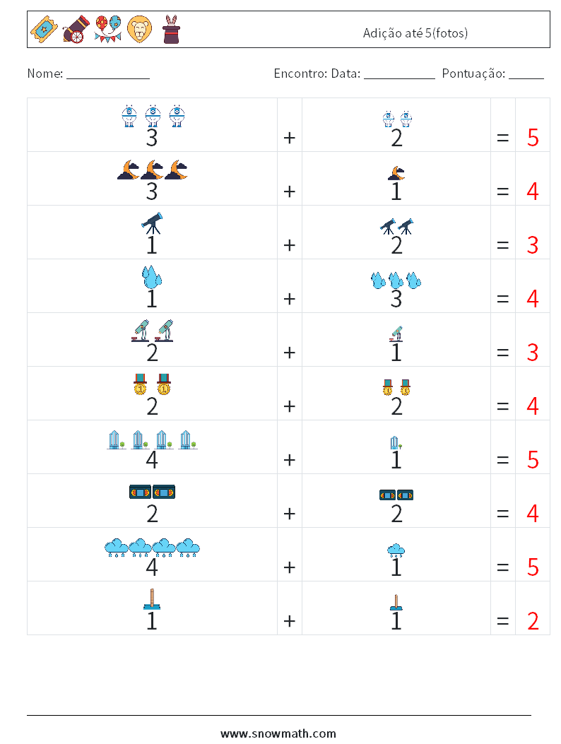 Adição até 5(fotos) planilhas matemáticas 6 Pergunta, Resposta