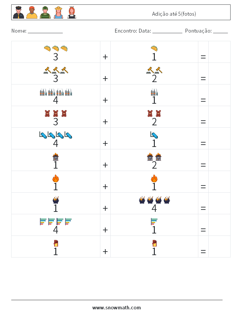 Adição até 5(fotos) planilhas matemáticas 7