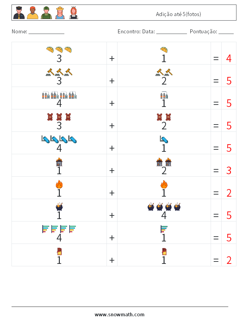 Adição até 5(fotos) planilhas matemáticas 7 Pergunta, Resposta