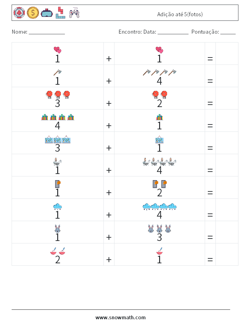 Adição até 5(fotos) planilhas matemáticas 8