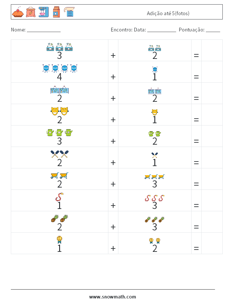 Adição até 5(fotos) planilhas matemáticas 9