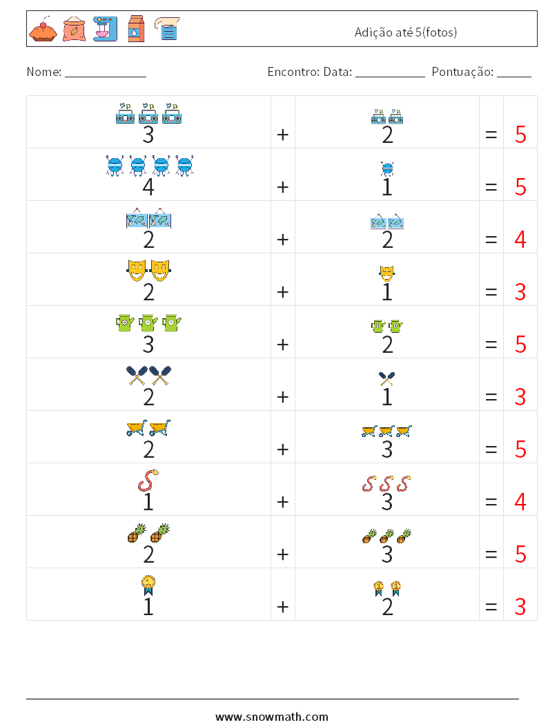 Adição até 5(fotos) planilhas matemáticas 9 Pergunta, Resposta