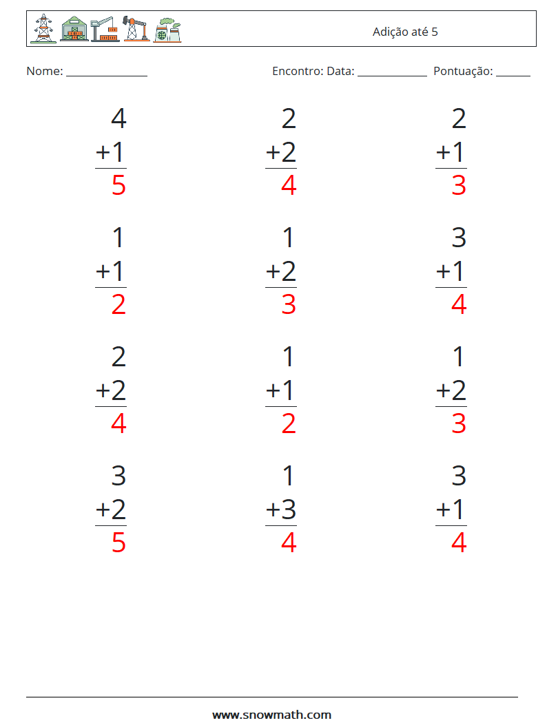(12) Adição até 5 planilhas matemáticas 1 Pergunta, Resposta