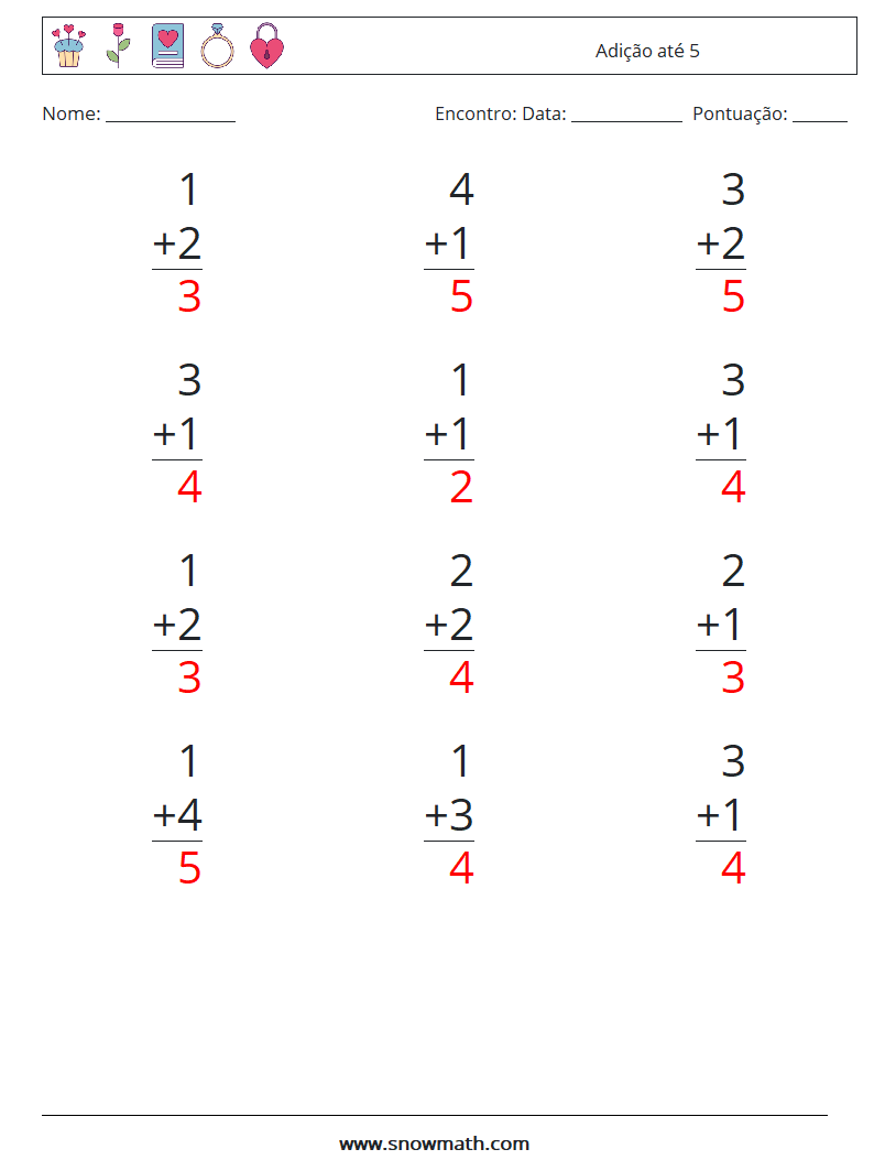 (12) Adição até 5 planilhas matemáticas 2 Pergunta, Resposta