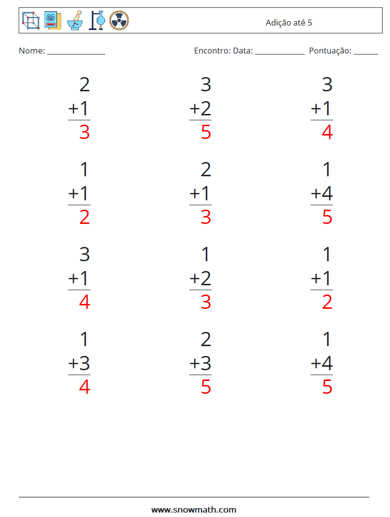 (12) Adição até 5 planilhas matemáticas 3 Pergunta, Resposta