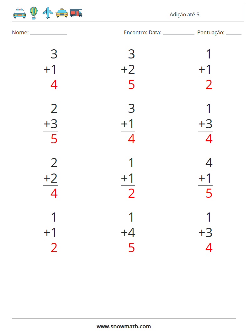 (12) Adição até 5 planilhas matemáticas 4 Pergunta, Resposta