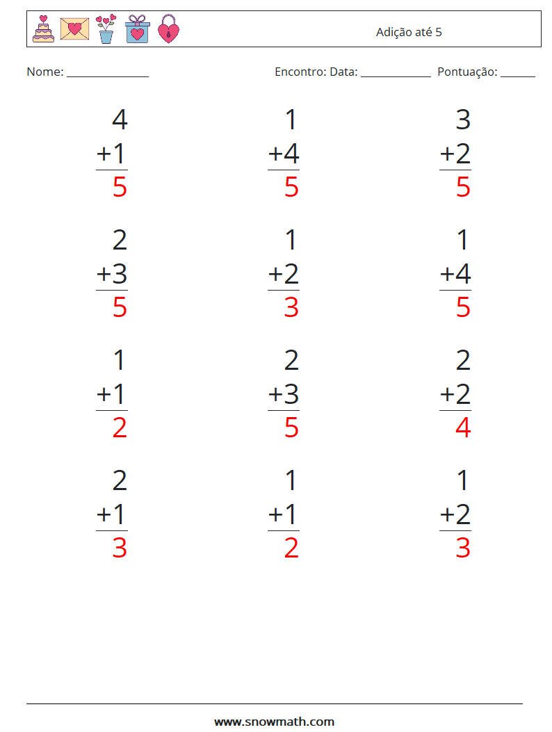 (12) Adição até 5 planilhas matemáticas 5 Pergunta, Resposta
