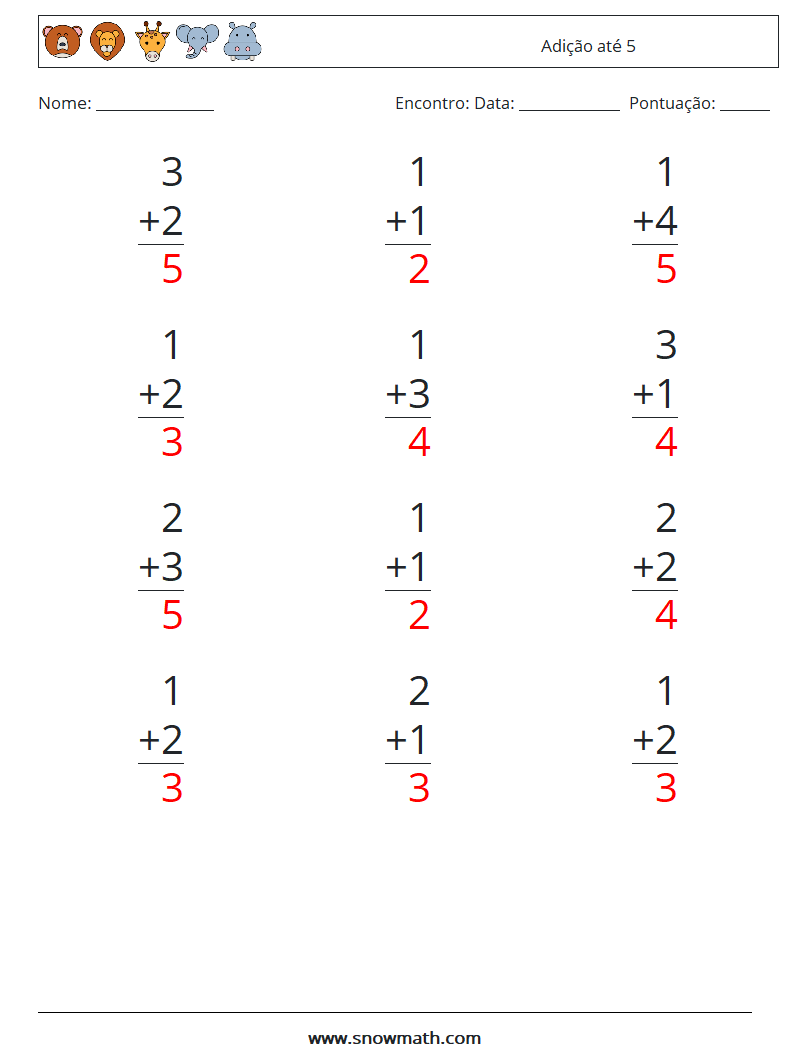 (12) Adição até 5 planilhas matemáticas 6 Pergunta, Resposta