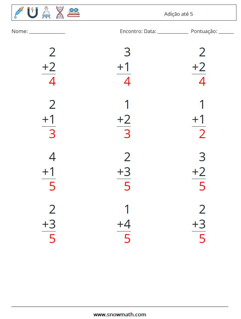 (12) Adição até 5 planilhas matemáticas 7 Pergunta, Resposta