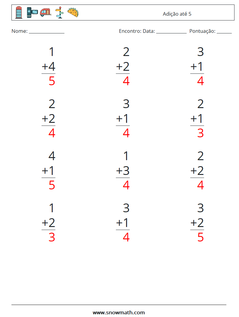 (12) Adição até 5 planilhas matemáticas 8 Pergunta, Resposta