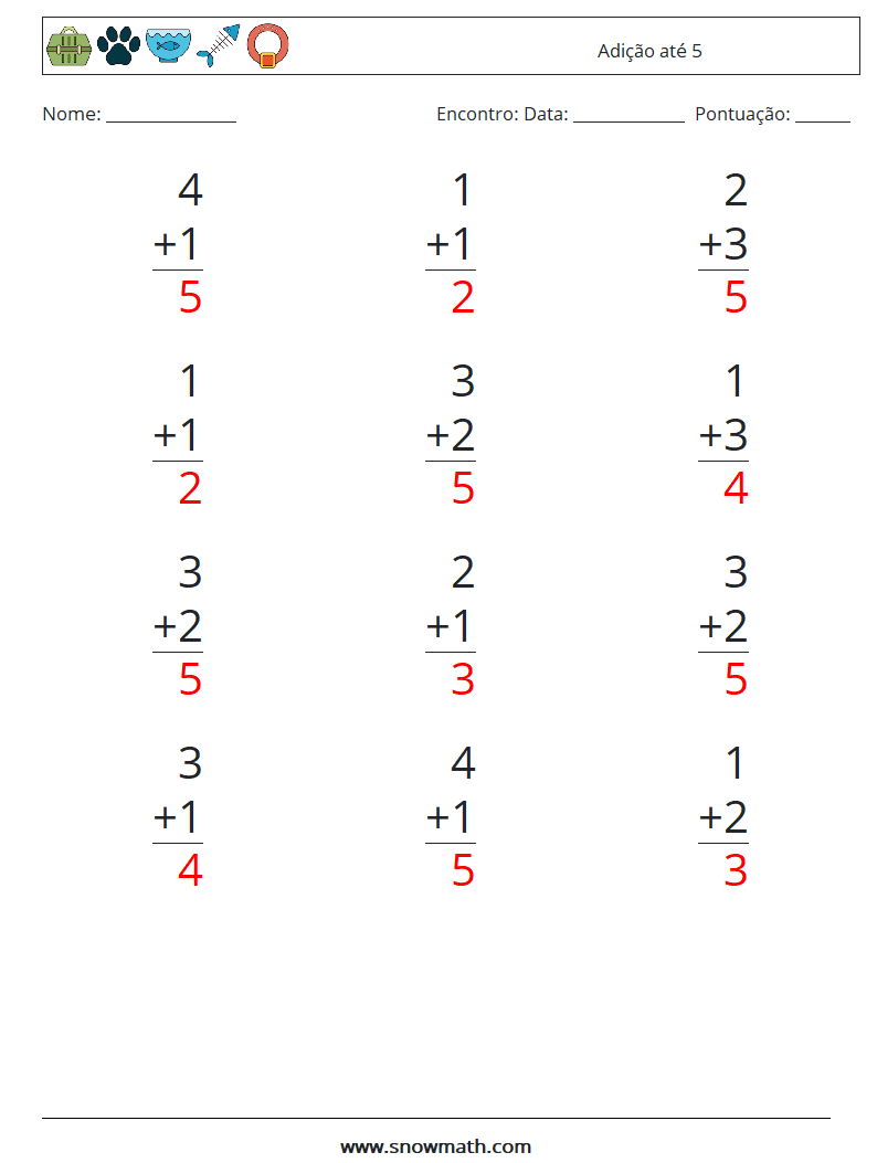 (12) Adição até 5 planilhas matemáticas 9 Pergunta, Resposta
