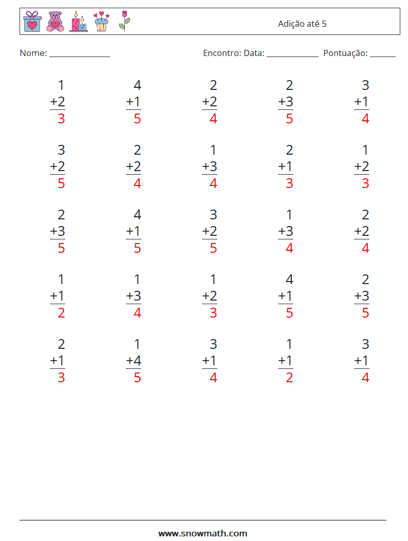 (25) Adição até 5 planilhas matemáticas 1 Pergunta, Resposta