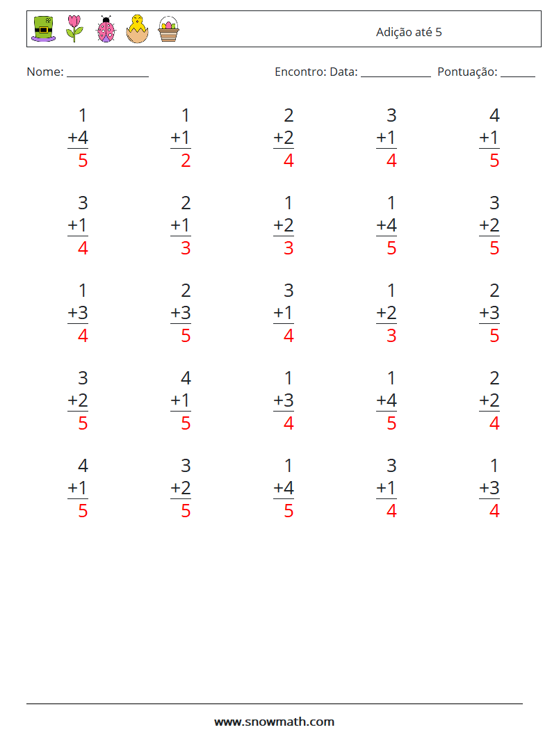 (25) Adição até 5 planilhas matemáticas 3 Pergunta, Resposta