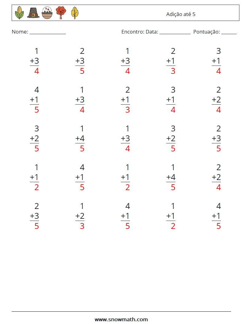 (25) Adição até 5 planilhas matemáticas 5 Pergunta, Resposta