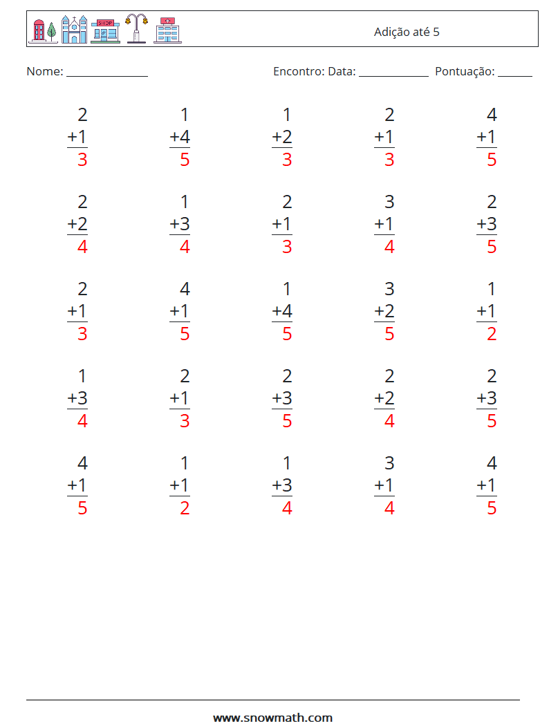 (25) Adição até 5 planilhas matemáticas 6 Pergunta, Resposta