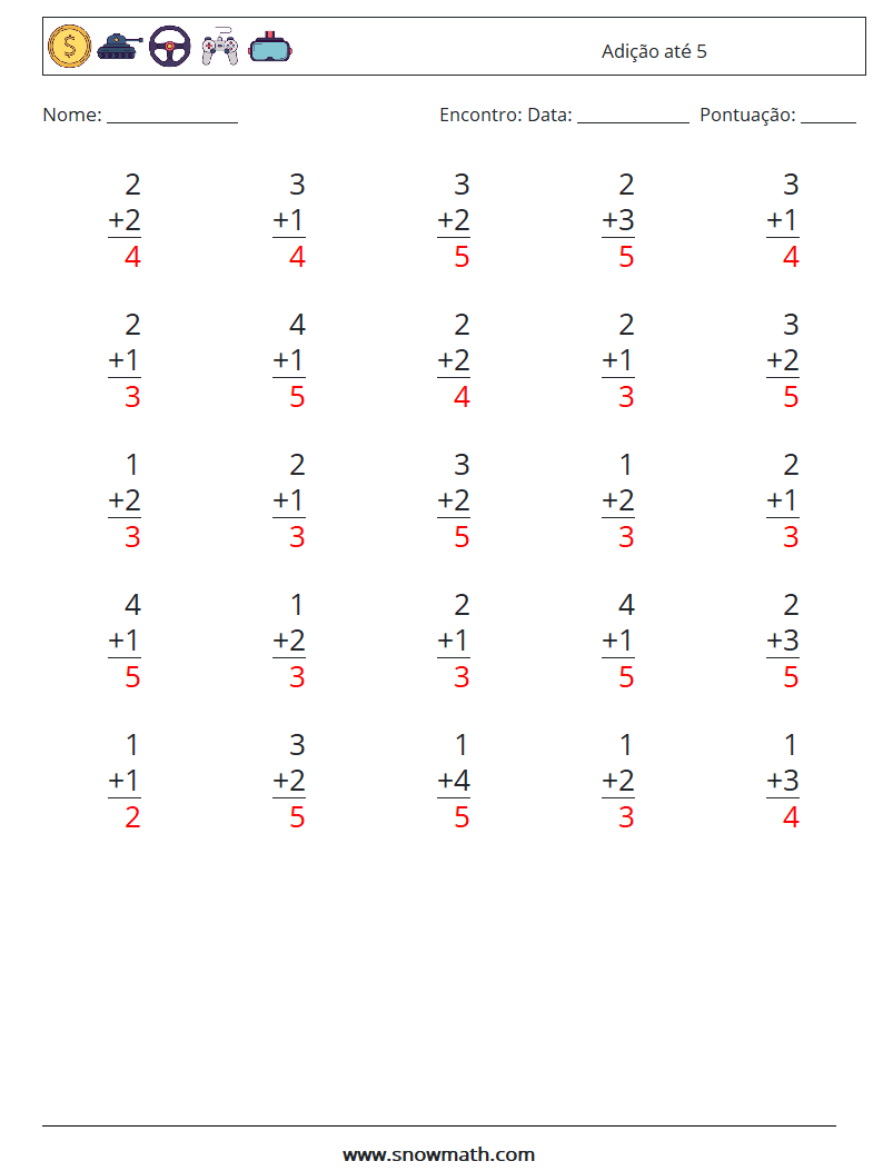 (25) Adição até 5 planilhas matemáticas 7 Pergunta, Resposta