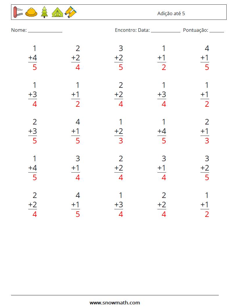 (25) Adição até 5 planilhas matemáticas 8 Pergunta, Resposta