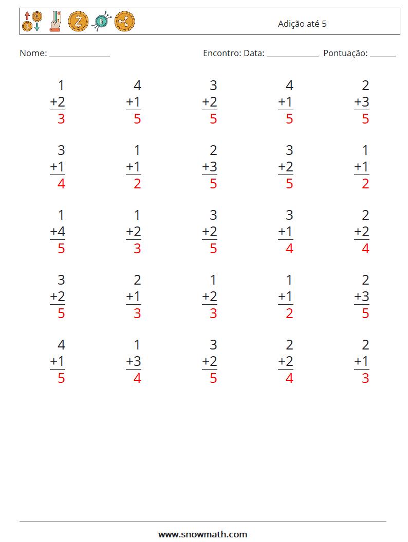 (25) Adição até 5 planilhas matemáticas 9 Pergunta, Resposta