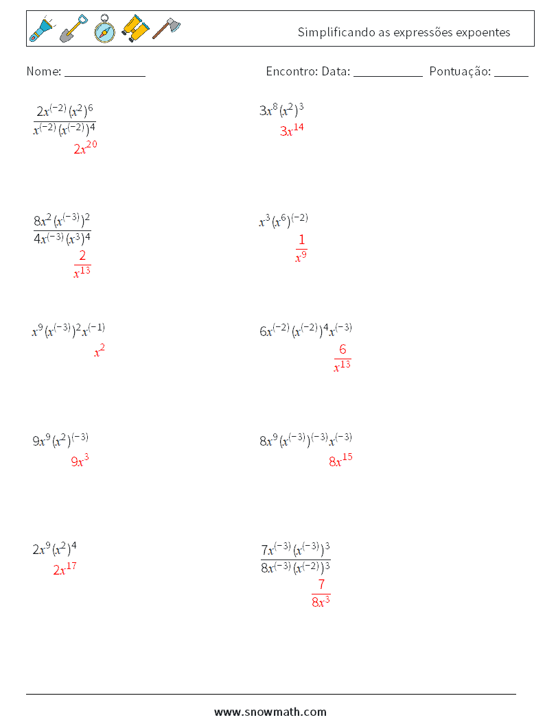  Simplificando as expressões expoentes planilhas matemáticas 1 Pergunta, Resposta