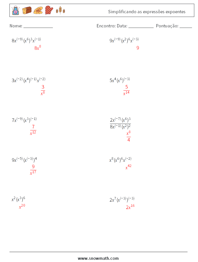  Simplificando as expressões expoentes planilhas matemáticas 2 Pergunta, Resposta