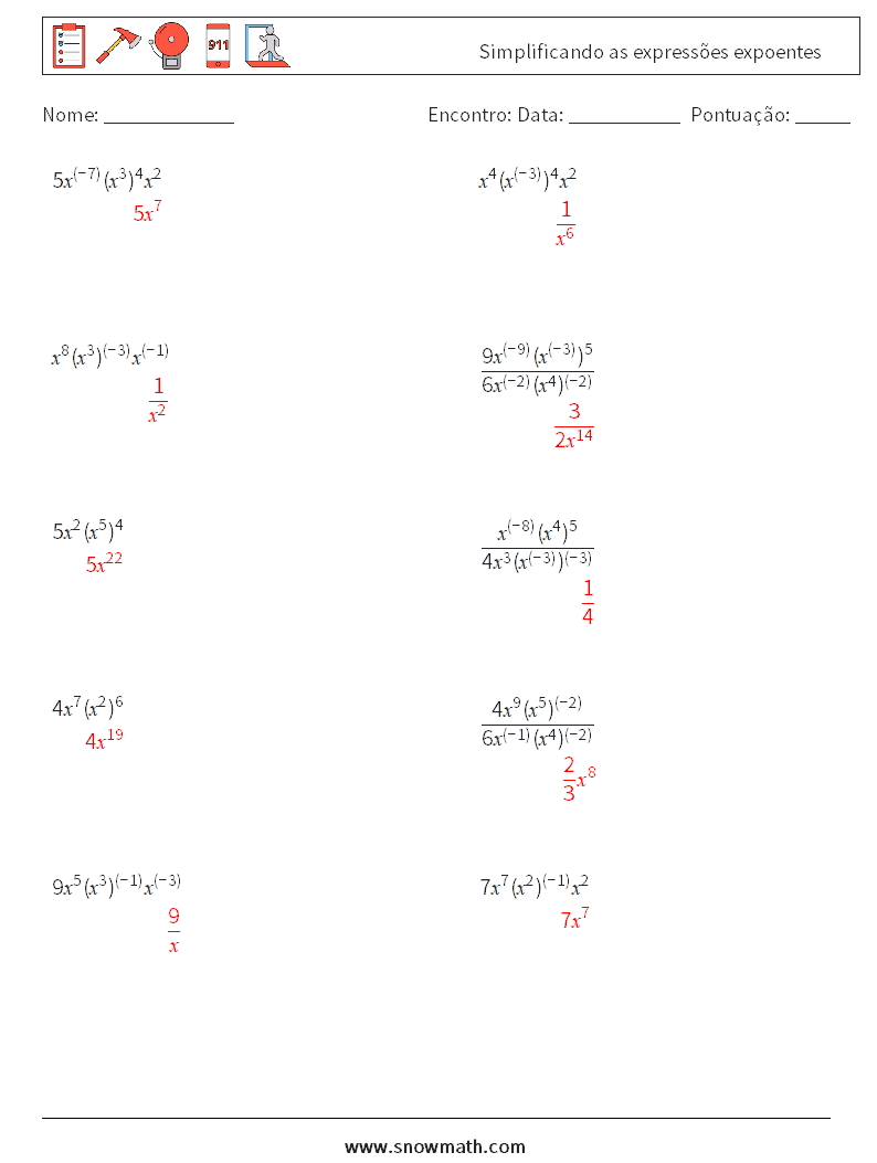  Simplificando as expressões expoentes planilhas matemáticas 4 Pergunta, Resposta