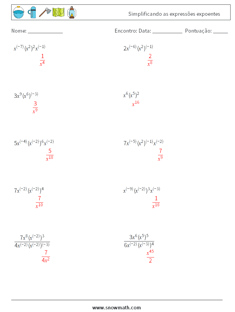  Simplificando as expressões expoentes planilhas matemáticas 5 Pergunta, Resposta