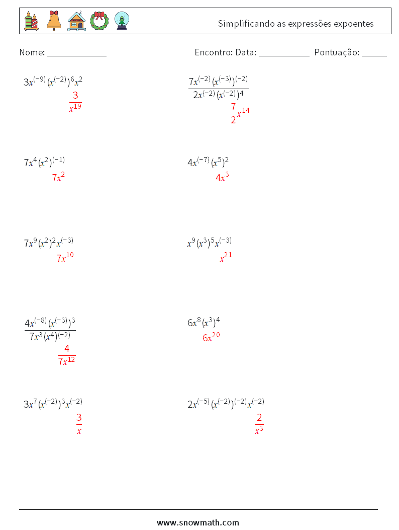  Simplificando as expressões expoentes planilhas matemáticas 7 Pergunta, Resposta