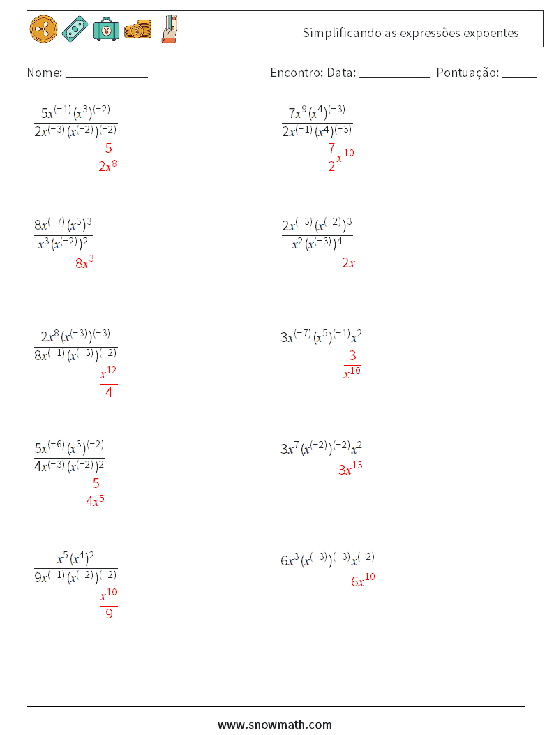  Simplificando as expressões expoentes planilhas matemáticas 8 Pergunta, Resposta