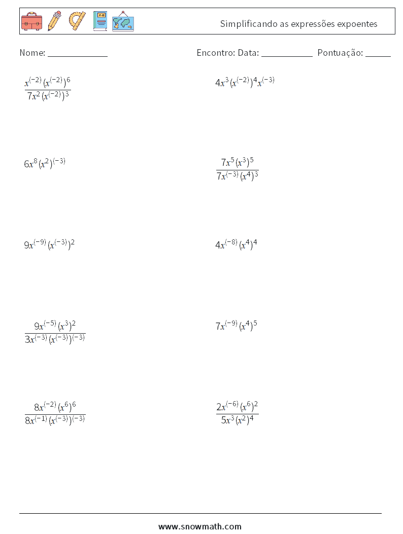  Simplificando as expressões expoentes planilhas matemáticas 9