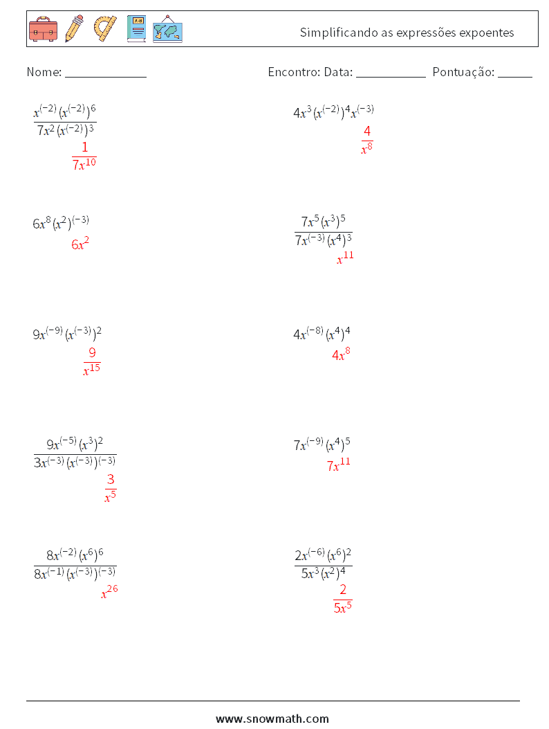  Simplificando as expressões expoentes planilhas matemáticas 9 Pergunta, Resposta