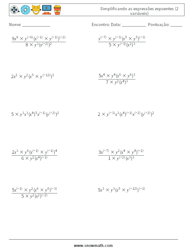  Simplificando as expressões expoentes (2 variáveis) planilhas matemáticas 1