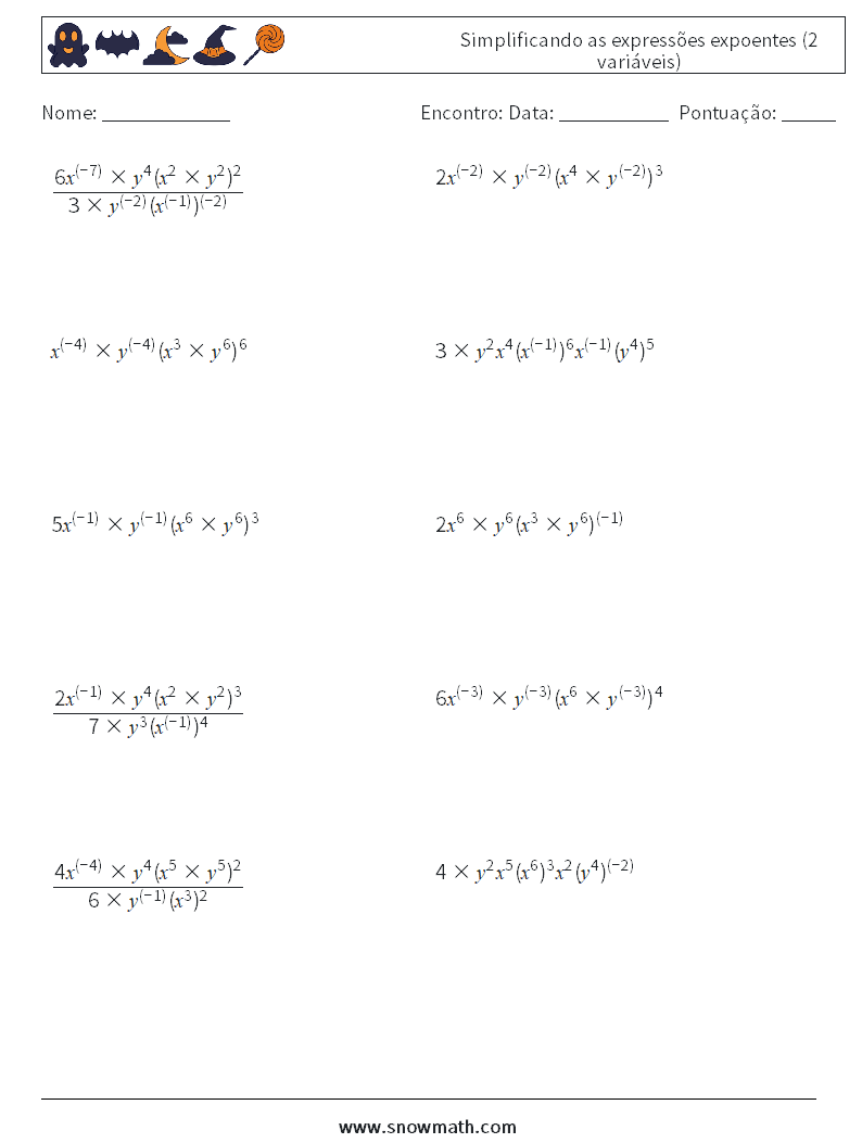  Simplificando as expressões expoentes (2 variáveis) planilhas matemáticas 6