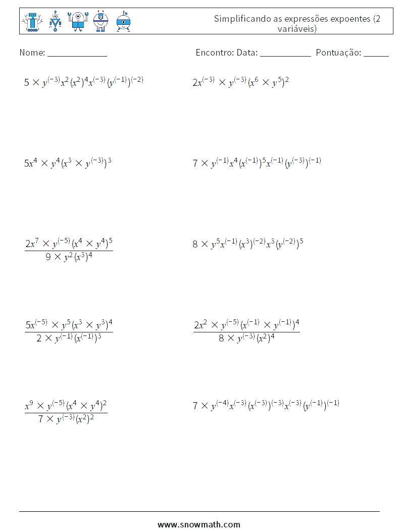  Simplificando as expressões expoentes (2 variáveis) planilhas matemáticas 7