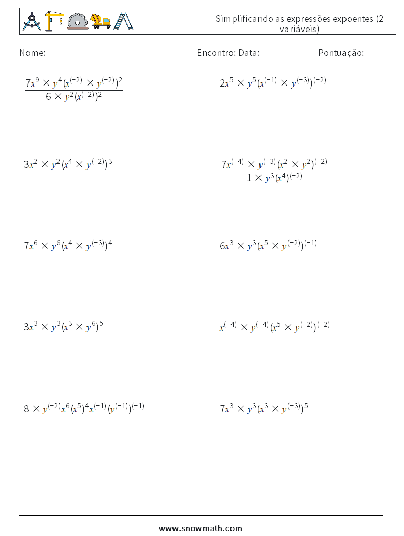  Simplificando as expressões expoentes (2 variáveis) planilhas matemáticas 8