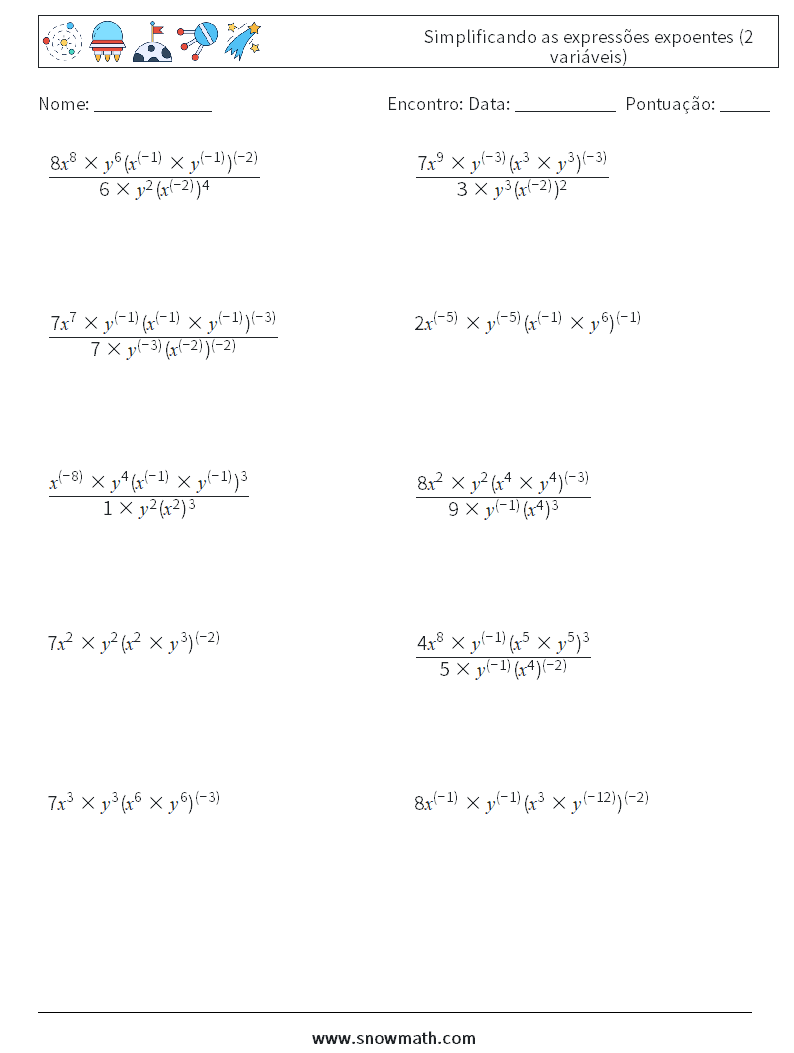  Simplificando as expressões expoentes (2 variáveis) planilhas matemáticas 9