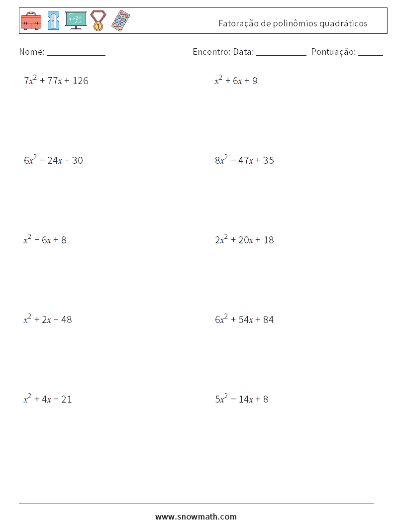 Fatoração de polinômios quadráticos planilhas matemáticas 1