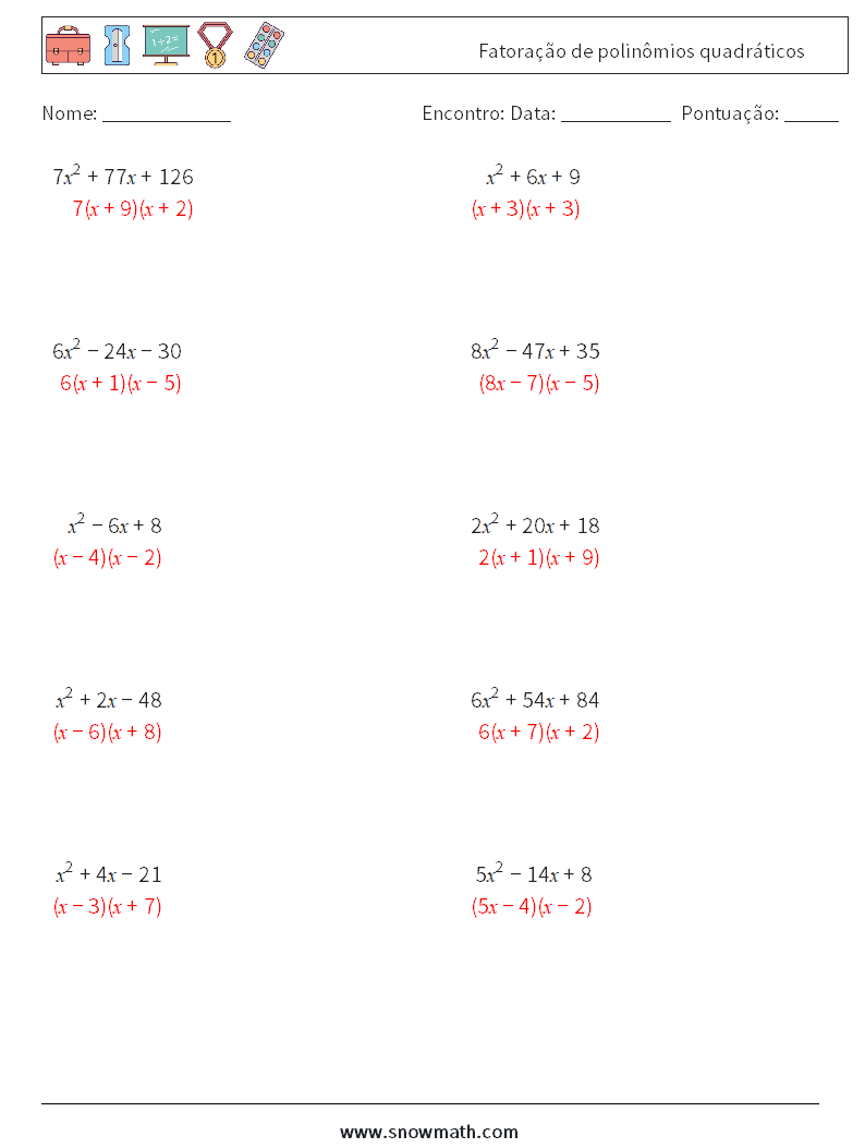 Fatoração de polinômios quadráticos planilhas matemáticas 1 Pergunta, Resposta