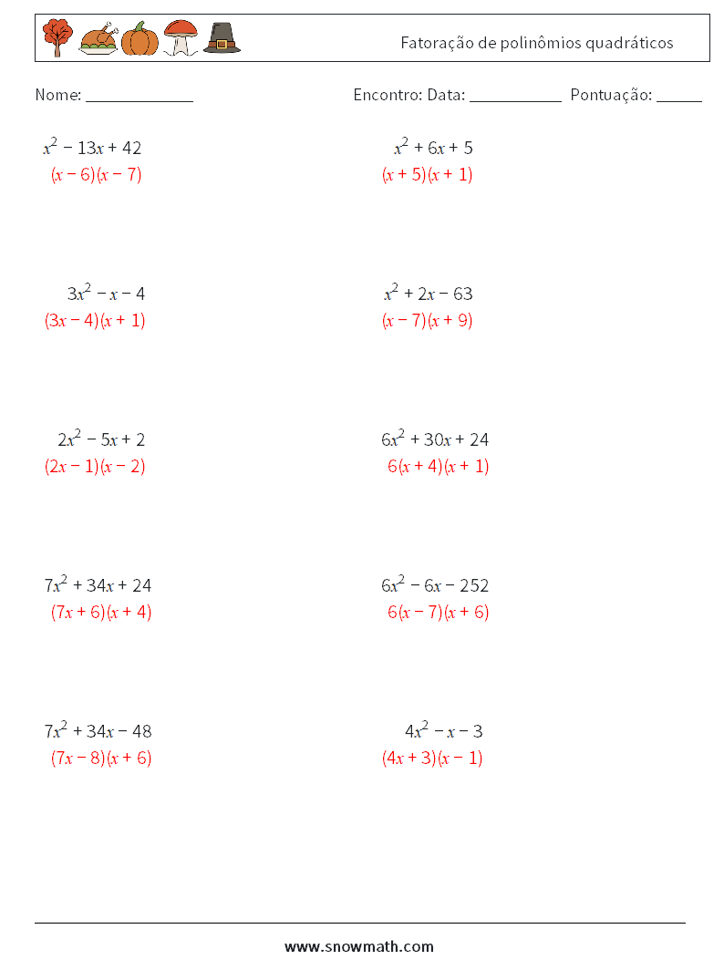 Fatoração de polinômios quadráticos planilhas matemáticas 2 Pergunta, Resposta