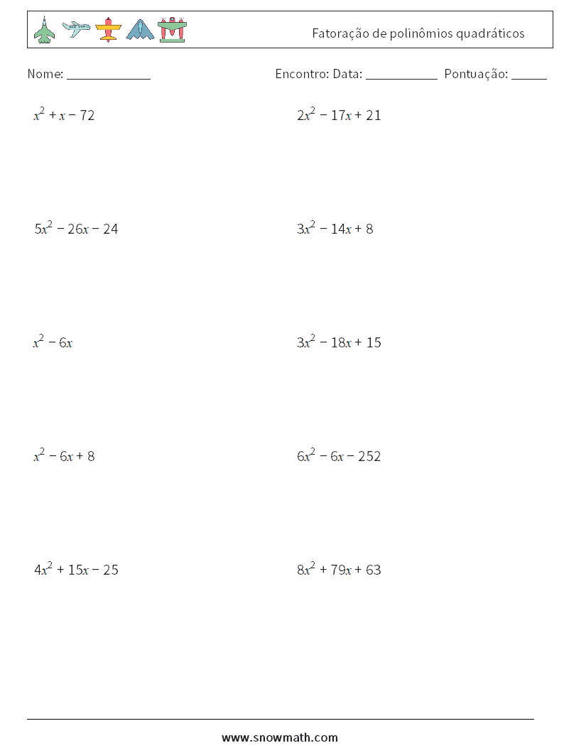 Fatoração de polinômios quadráticos planilhas matemáticas 3