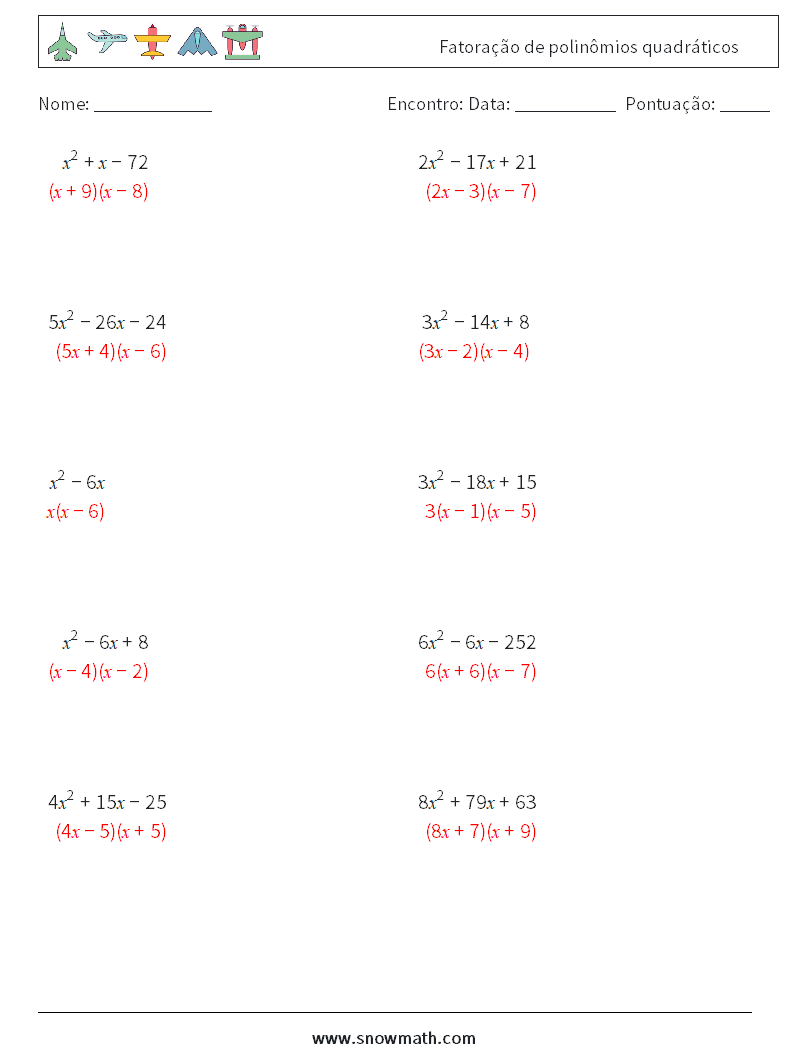 Fatoração de polinômios quadráticos planilhas matemáticas 3 Pergunta, Resposta