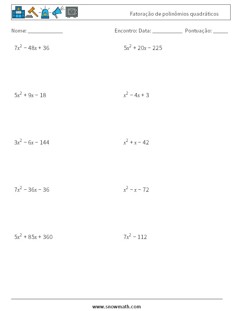 Fatoração de polinômios quadráticos planilhas matemáticas 4