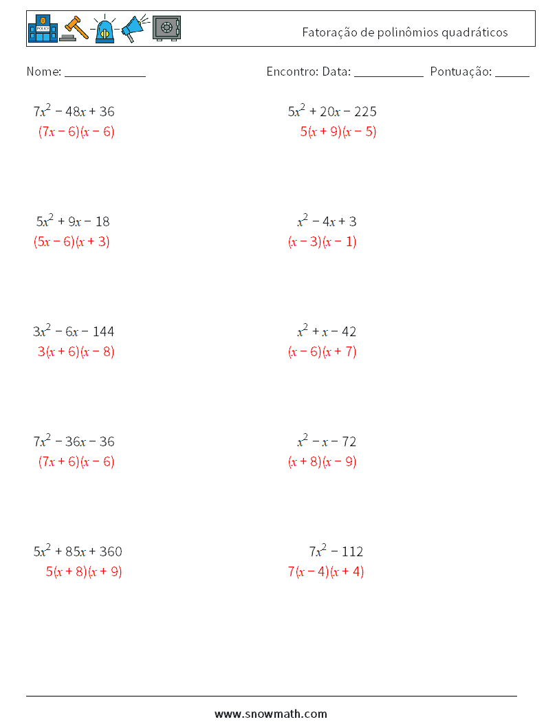 Fatoração de polinômios quadráticos planilhas matemáticas 4 Pergunta, Resposta