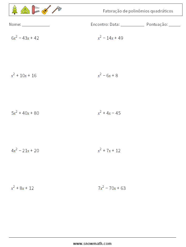 Fatoração de polinômios quadráticos planilhas matemáticas 6