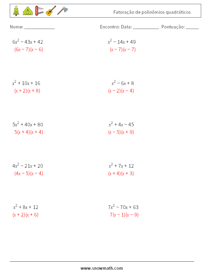 Fatoração de polinômios quadráticos planilhas matemáticas 6 Pergunta, Resposta