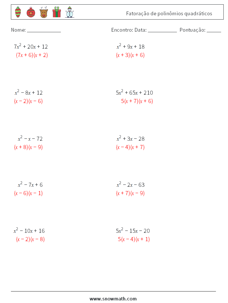 Fatoração de polinômios quadráticos planilhas matemáticas 7 Pergunta, Resposta